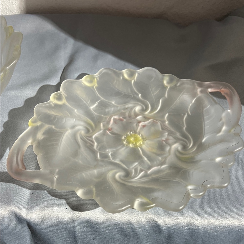 Indiana Glass Frosted Floral Tray with Pink and Yellow Accents